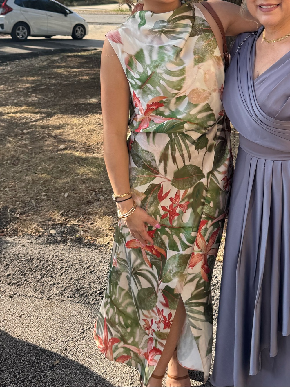Zara Green and Coral Tropical-Print Midi Dress